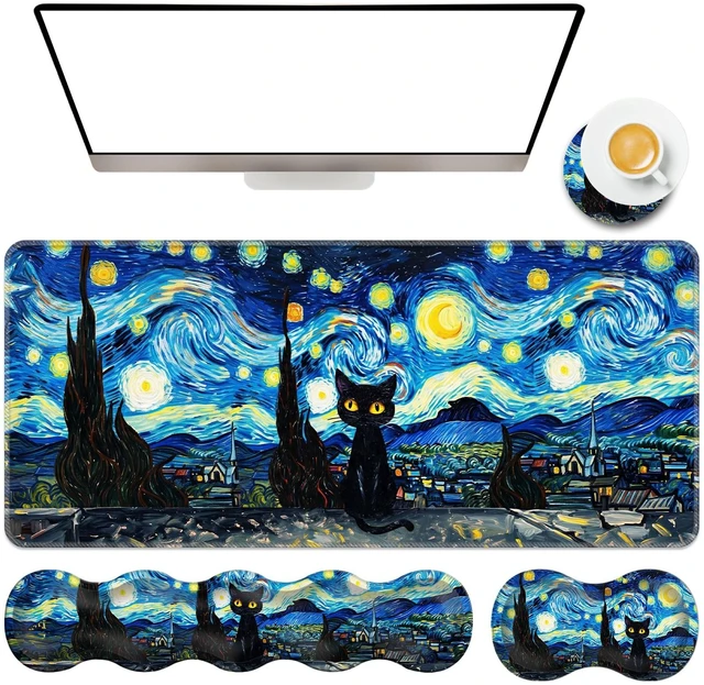 Main image of TGFEWYTJYJ Extended Gaming Mouse Pad,Memory Foam Ergonomic Keyboard Mouse Wrist Rest Support Set,Large Desk Mat with Stitched Edges,Non-Slip Base Mousepad Home Office,Starry Night Cat