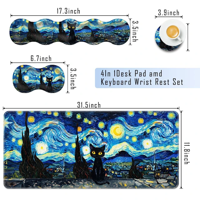 Alt view image 2 of 7 - TGFEWYTJYJ Extended Gaming Mouse Pad,Memory Foam Ergonomic Keyboard Mouse Wrist Rest Support Set,Large Desk Mat with Stitched Edges,Non-Slip Base Mousepad Home Office,Starry Night Cat
