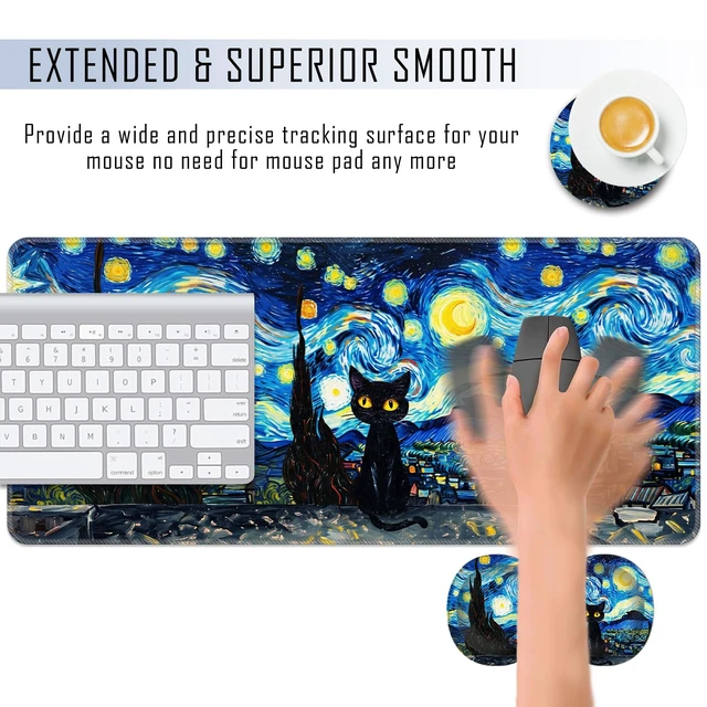 Alt view image 4 of 7 - TGFEWYTJYJ Extended Gaming Mouse Pad,Memory Foam Ergonomic Keyboard Mouse Wrist Rest Support Set,Large Desk Mat with Stitched Edges,Non-Slip Base Mousepad Home Office,Starry Night Cat