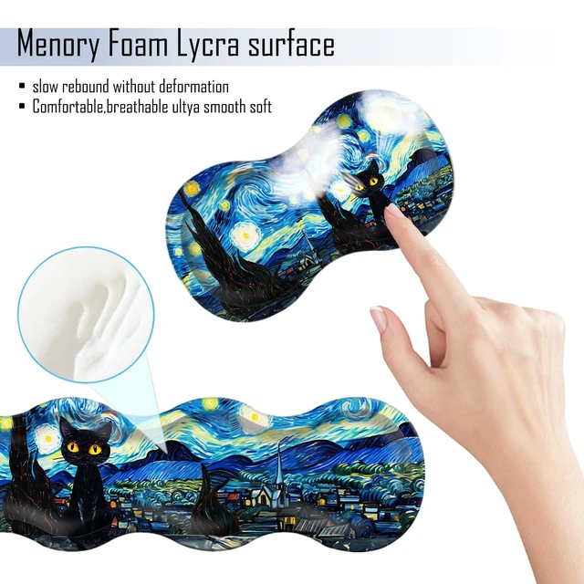 Alt view image 5 of 7 - TGFEWYTJYJ Extended Gaming Mouse Pad,Memory Foam Ergonomic Keyboard Mouse Wrist Rest Support Set,Large Desk Mat with Stitched Edges,Non-Slip Base Mousepad Home Office,Starry Night Cat