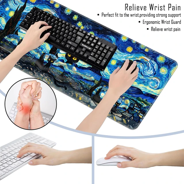 Alt view image 6 of 7 - TGFEWYTJYJ Extended Gaming Mouse Pad,Memory Foam Ergonomic Keyboard Mouse Wrist Rest Support Set,Large Desk Mat with Stitched Edges,Non-Slip Base Mousepad Home Office,Starry Night Cat