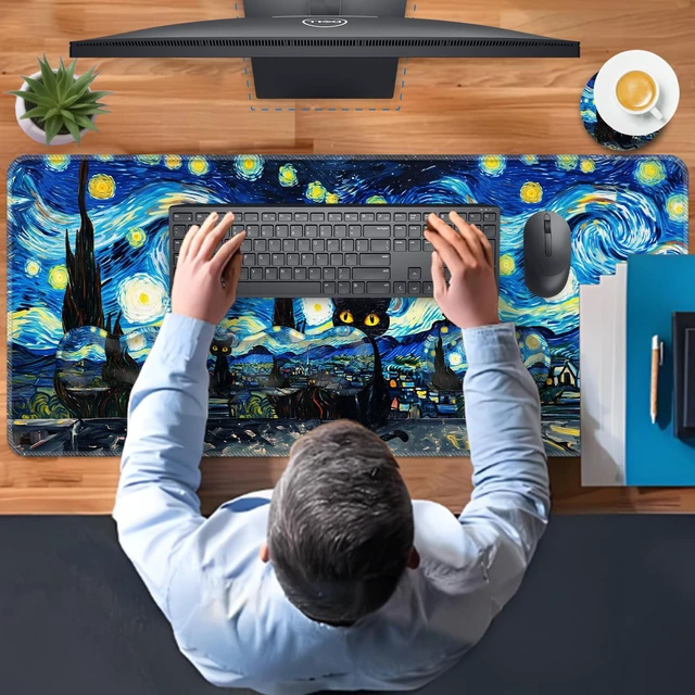Alt view image 7 of 7 - TGFEWYTJYJ Extended Gaming Mouse Pad,Memory Foam Ergonomic Keyboard Mouse Wrist Rest Support Set,Large Desk Mat with Stitched Edges,Non-Slip Base Mousepad Home Office,Starry Night Cat
