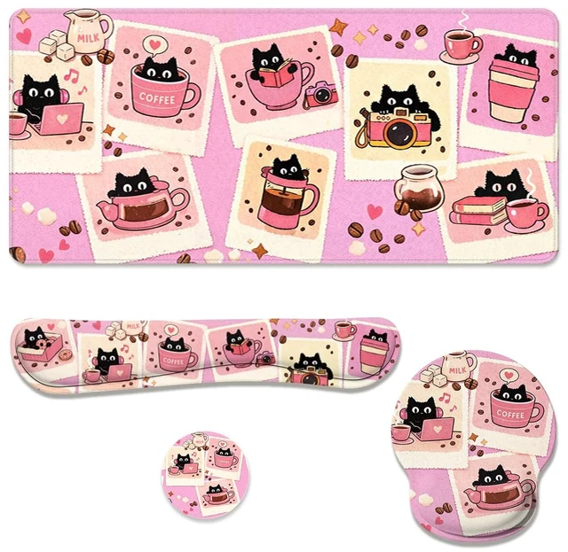Main image of Black Cat Desk Mat Set Cute Coffee Art Large Mouse Pad with Wrist Rest 4-in-1 Desk Mat for Desktop Ergonomic Keyboard Wrist Support Anti-Slip Computer Ergonomic Mouse Pad Home Office Gaming