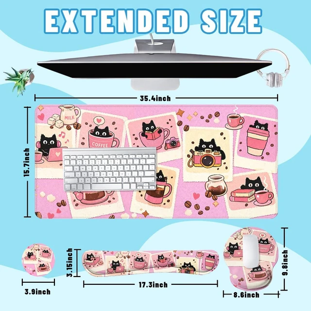 Alt view image 2 of 7 - Black Cat Desk Mat Set Cute Coffee Art Large Mouse Pad with Wrist Rest 4-in-1 Desk Mat for Desktop Ergonomic Keyboard Wrist Support Anti-Slip Computer Ergonomic Mouse Pad Home Office Gaming