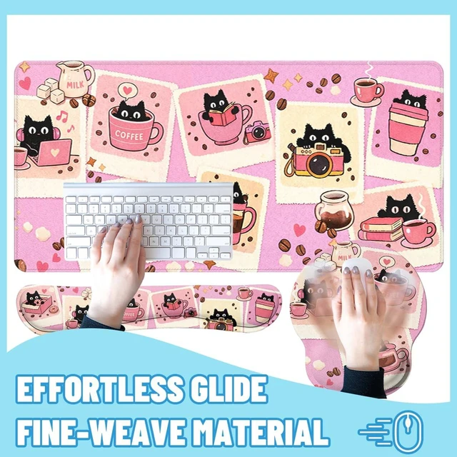 Alt view image 4 of 7 - Black Cat Desk Mat Set Cute Coffee Art Large Mouse Pad with Wrist Rest 4-in-1 Desk Mat for Desktop Ergonomic Keyboard Wrist Support Anti-Slip Computer Ergonomic Mouse Pad Home Office Gaming