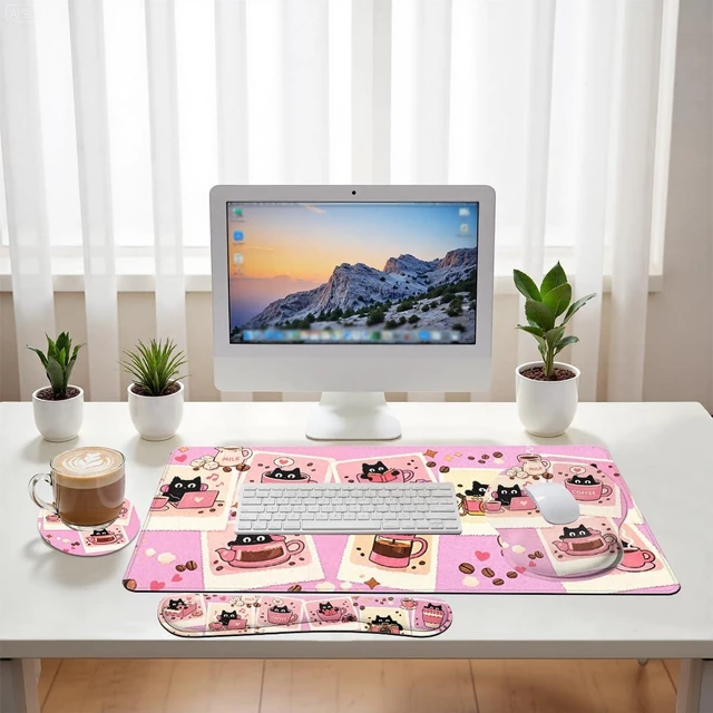 Alt view image 6 of 7 - Black Cat Desk Mat Set Cute Coffee Art Large Mouse Pad with Wrist Rest 4-in-1 Desk Mat for Desktop Ergonomic Keyboard Wrist Support Anti-Slip Computer Ergonomic Mouse Pad Home Office Gaming
