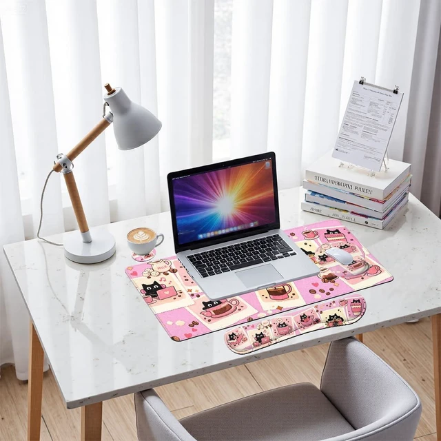 Alt view image 7 of 7 - Black Cat Desk Mat Set Cute Coffee Art Large Mouse Pad with Wrist Rest 4-in-1 Desk Mat for Desktop Ergonomic Keyboard Wrist Support Anti-Slip Computer Ergonomic Mouse Pad Home Office Gaming