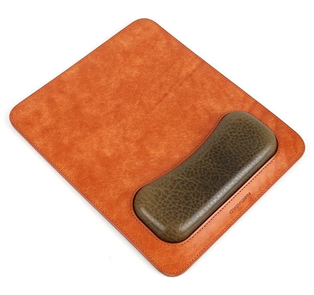 Main image of Leather Mouse Pad with Wrist Support, Vintage Frosted Leather, Handmade, Ergonomic Design, 25x21cm, (Golden Brown)
