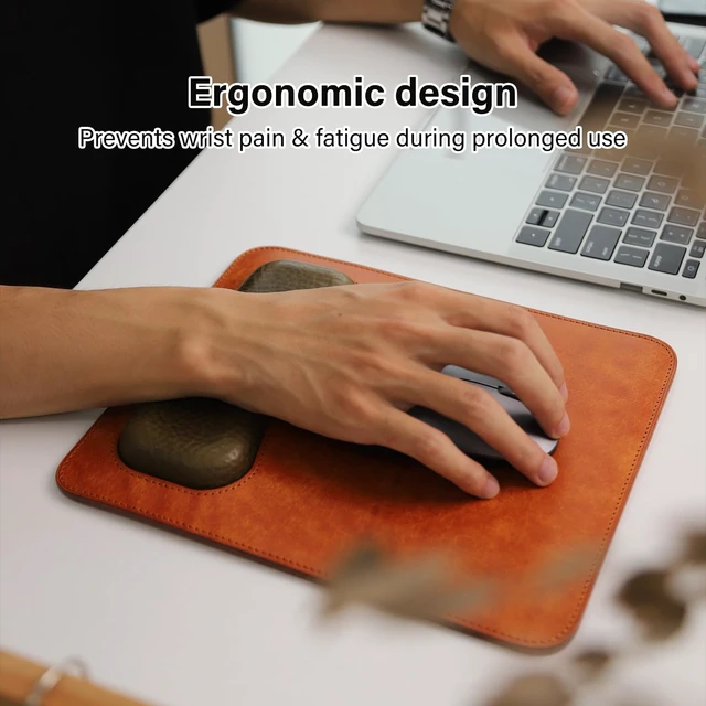 Alt view image 4 of 7 - Leather Mouse Pad with Wrist Support, Vintage Frosted Leather, Handmade, Ergonomic Design, 25x21cm, (Golden Brown)
