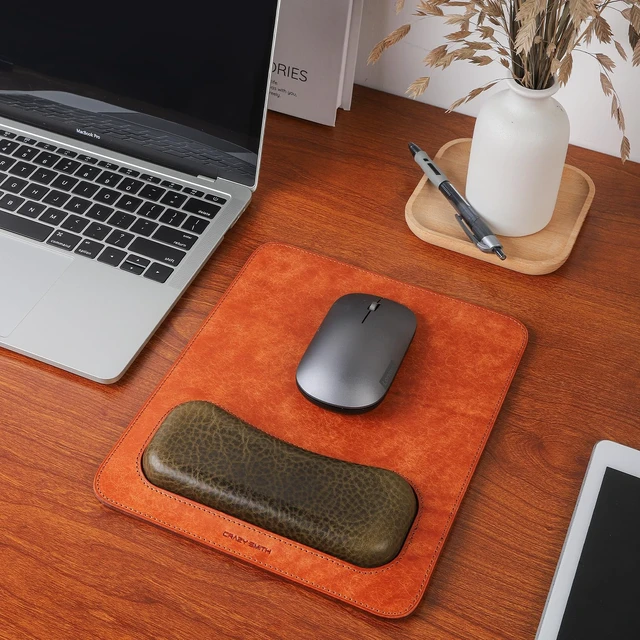 Alt view image 7 of 7 - Leather Mouse Pad with Wrist Support, Vintage Frosted Leather, Handmade, Ergonomic Design, 25x21cm, (Golden Brown)
