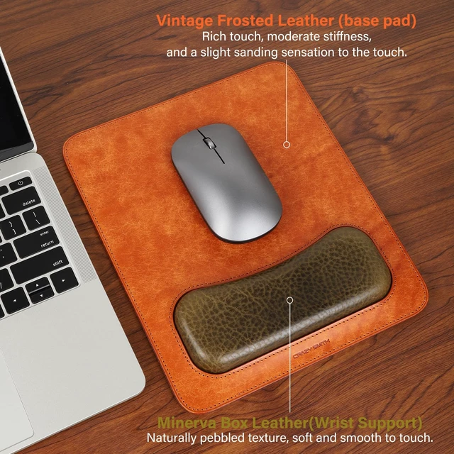 Alt view image 2 of 7 - Leather Mouse Pad with Wrist Support, Vintage Frosted Leather, Handmade, Ergonomic Design, 25x21cm, (Golden Brown)