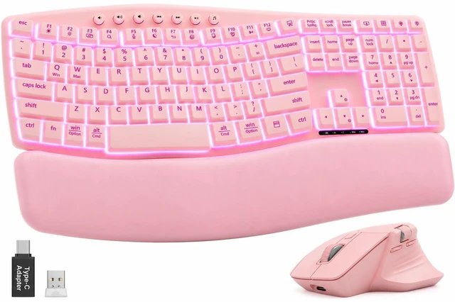 Main image of Wireless Keyboard and Mouse, Ergonomic Keyboard with Wave Key | 7 backlit Rechargeable Keyboard with Leather Wrist Rest , side-scroll mouse, ergonomic keyboard with 2.4GHz USB-A/C receiver