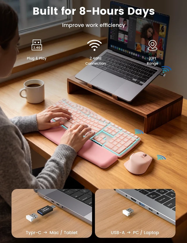 Alt view image 6 of 7 - Wireless Keyboard and Mouse, Ergonomic Keyboard with Wave Key | 7 backlit Rechargeable Keyboard with Leather Wrist Rest , side-scroll mouse, ergonomic keyboard with 2.4GHz USB-A/C receiver