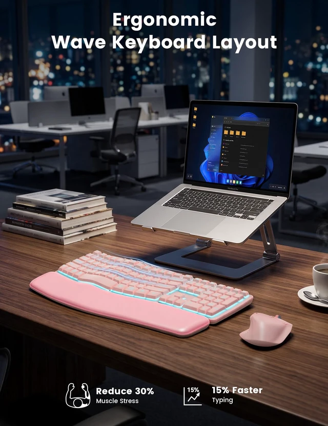 Alt view image 4 of 7 - Wireless Keyboard and Mouse, Ergonomic Keyboard with Wave Key | 7 backlit Rechargeable Keyboard with Leather Wrist Rest , side-scroll mouse, ergonomic keyboard with 2.4GHz USB-A/C receiver