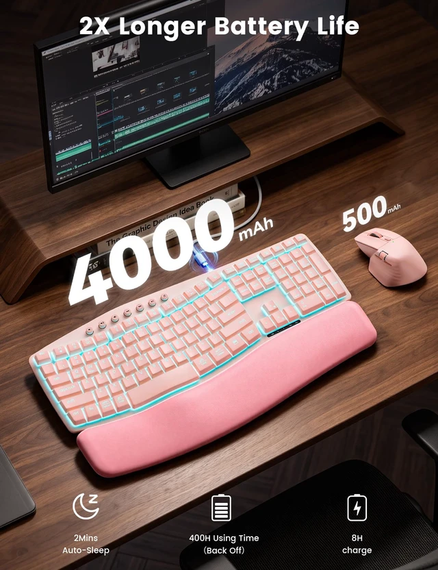 Alt view image 5 of 7 - Wireless Keyboard and Mouse, Ergonomic Keyboard with Wave Key | 7 backlit Rechargeable Keyboard with Leather Wrist Rest , side-scroll mouse, ergonomic keyboard with 2.4GHz USB-A/C receiver