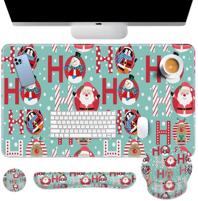 Main image of Keyboard Mouse Pad Set, 4 in 1 Desk Mat Set, Santa Claus Christmas | Snowman Winter Penguin Large Mousepad+Keyboard Wrist Rest+Mouse Wrist Rest+Coaster Ergonomic Design for Home Office Computer