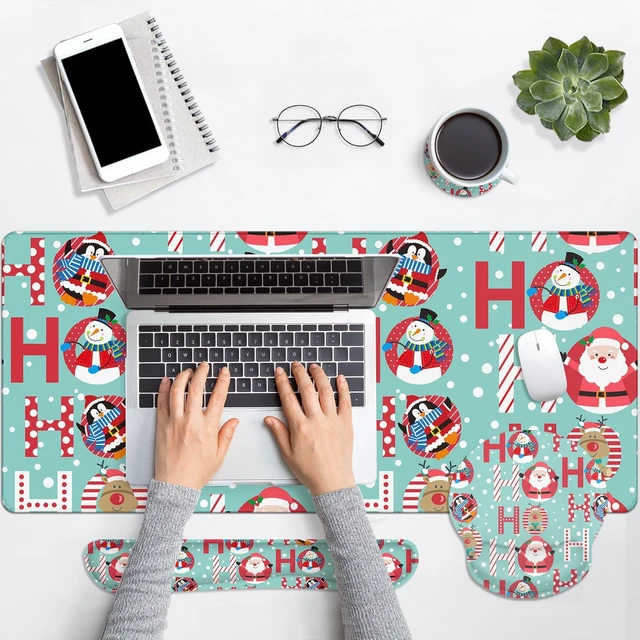 Alt view image 4 of 7 - Keyboard Mouse Pad Set, 4 in 1 Desk Mat Set, Santa Claus Christmas | Snowman Winter Penguin Large Mousepad+Keyboard Wrist Rest+Mouse Wrist Rest+Coaster Ergonomic Design for Home Office Computer