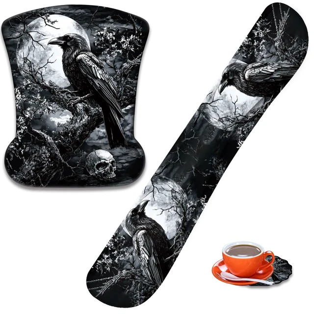 Main image of Mouse Wrist Rest and Keyboard Wrist Rest Pad+ Coaster Set, Non-Slip Rubber Base Smooth Surface Ergonomic Gaming Mouse Pad for Easy Typing and Pain Relief, Crow Skull