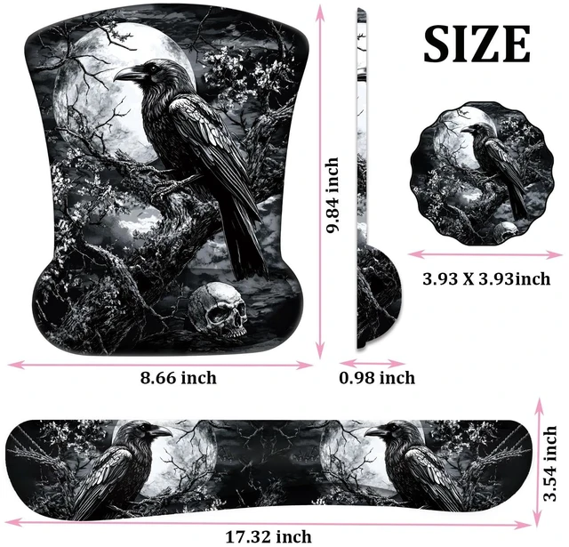 Alt view image 6 of 7 - Mouse Wrist Rest and Keyboard Wrist Rest Pad+ Coaster Set, Non-Slip Rubber Base Smooth Surface Ergonomic Gaming Mouse Pad for Easy Typing and Pain Relief, Crow Skull