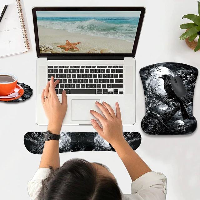 Alt view image 4 of 7 - Mouse Wrist Rest and Keyboard Wrist Rest Pad+ Coaster Set, Non-Slip Rubber Base Smooth Surface Ergonomic Gaming Mouse Pad for Easy Typing and Pain Relief, Crow Skull