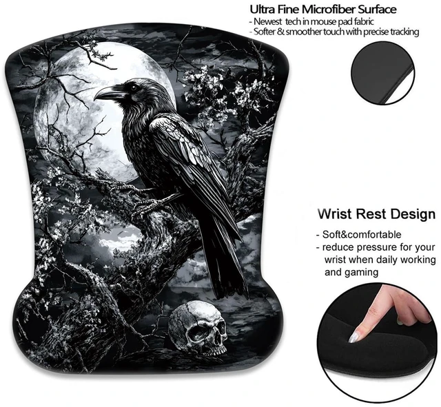 Alt view image 2 of 7 - Mouse Wrist Rest and Keyboard Wrist Rest Pad+ Coaster Set, Non-Slip Rubber Base Smooth Surface Ergonomic Gaming Mouse Pad for Easy Typing and Pain Relief, Crow Skull