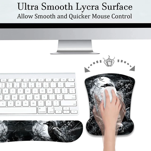 Alt view image 7 of 7 - Mouse Wrist Rest and Keyboard Wrist Rest Pad+ Coaster Set, Non-Slip Rubber Base Smooth Surface Ergonomic Gaming Mouse Pad for Easy Typing and Pain Relief, Crow Skull