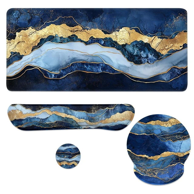 Main image of Blue Marble Mouse Pad Set Abstract Navy Gold Luxury Texture Gaming Mousepad 4in1 Desk Mat for Desktop Wrist Support Cup Coaster Set Ergonomic Computer Desk Arm Wrist for Decor Home Office