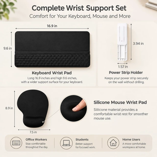 Alt view image 2 of 7 - Memory Foam Keyboard Wrist Rest, Power Strip Holder and Ergonomic Mouse Pad | Keyboard Wrist Pad with Self-Adhesive Power Strip Holder and Ergonomic Mouse Pad