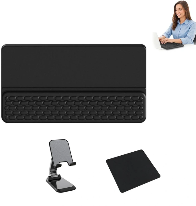 Main image of Ergonomic Office Set - Keyboard Wrist Rest - Phone Stand - Mouse Pad | Includes plush palm cushion adjustable mobile holder and non slip tracking surface for comfortable desk use