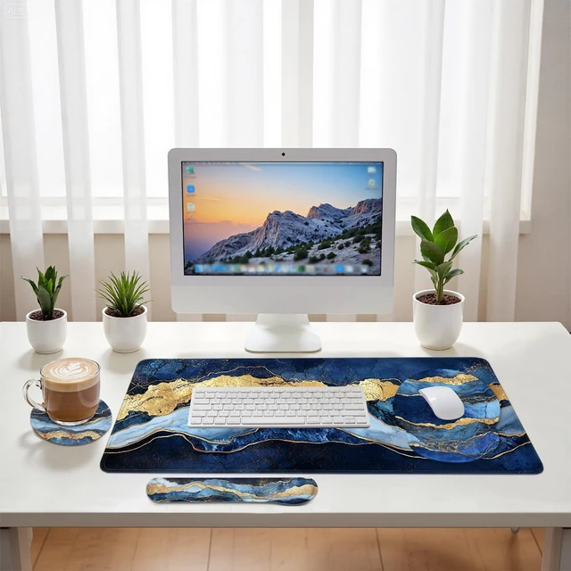 Alt view image 6 of 7 - Blue Marble Mouse Pad Set Abstract Navy Gold Luxury Texture Gaming Mousepad 4in1 Desk Mat for Desktop Wrist Support Cup Coaster Set Ergonomic Computer Desk Arm Wrist for Decor Home Office