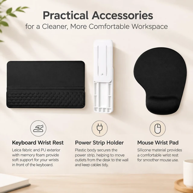 Alt view image 3 of 7 - Memory Foam Keyboard Wrist Rest, Power Strip Holder and Ergonomic Mouse Pad | Keyboard Wrist Pad with Self-Adhesive Power Strip Holder and Ergonomic Mouse Pad