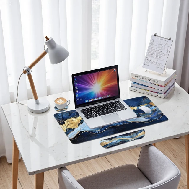 Alt view image 7 of 7 - Blue Marble Mouse Pad Set Abstract Navy Gold Luxury Texture Gaming Mousepad 4in1 Desk Mat for Desktop Wrist Support Cup Coaster Set Ergonomic Computer Desk Arm Wrist for Decor Home Office