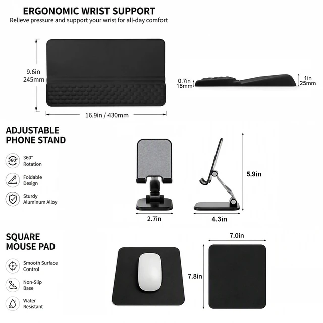 Alt view image 2 of 7 - Ergonomic Office Set - Keyboard Wrist Rest - Phone Stand - Mouse Pad | Includes plush palm cushion adjustable mobile holder and non slip tracking surface for comfortable desk use