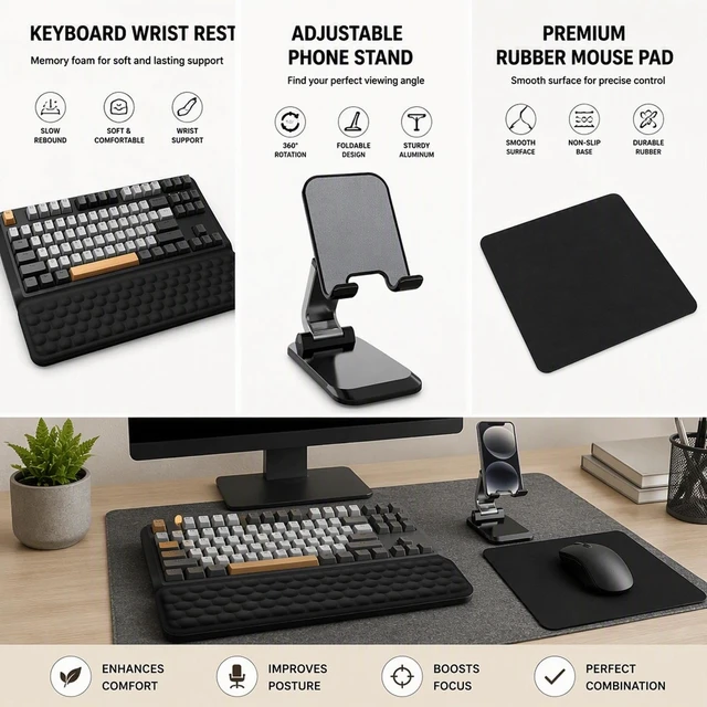 Alt view image 3 of 7 - Ergonomic Office Set - Keyboard Wrist Rest - Phone Stand - Mouse Pad | Includes plush palm cushion adjustable mobile holder and non slip tracking surface for comfortable desk use