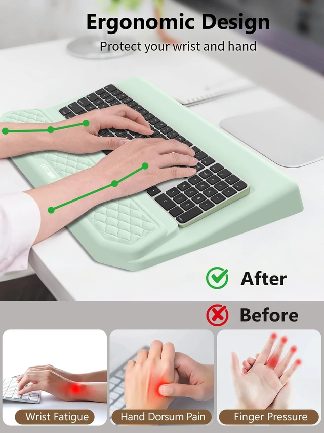 Alt view image 2 of 7 - 2-in-1 Ergonomic Keyboard Stand with Wrist Rest, Light Green | Comfy Keyboard Riser Holder with Massage Design, Non-Slip Base, Pain Relief for Typing