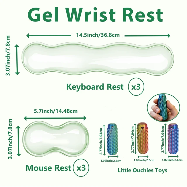 Alt view image 2 of 7 - YEAHACLUB 9-Piece Clear Gel Keyboard & Mouse Wrist Rest Set, Green | Including 3 Little Ouchies Fidget Toys, Ergonomic Silicone Support for Typing, Gaming, Office and Laptop Use