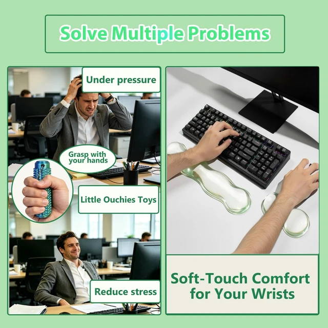 Alt view image 3 of 7 - YEAHACLUB 9-Piece Clear Gel Keyboard & Mouse Wrist Rest Set, Green | Including 3 Little Ouchies Fidget Toys, Ergonomic Silicone Support for Typing, Gaming, Office and Laptop Use