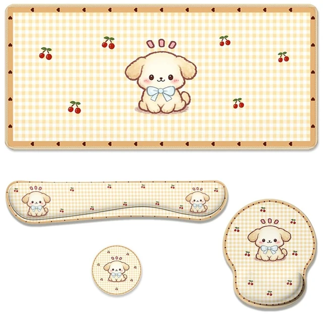 Main image of Cute Puppy Desk Mat Set Cartoon Cherry Gingham Mouse Pad with Wrist Rest 4in1 Desk Mat for Desktop Ergonomic Computer Desk Arm Wrist Anti-Slip Computer Ergonomic Mouse Pad Home Office Gaming