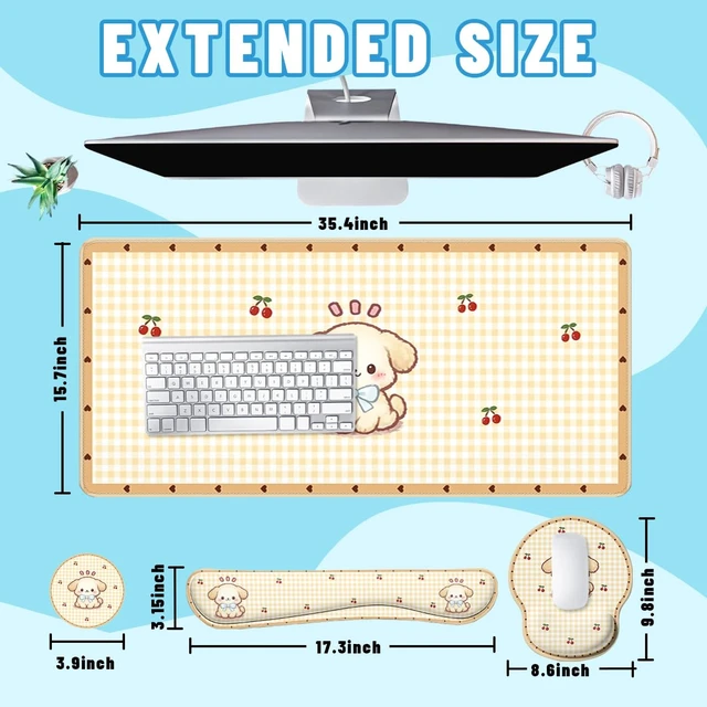 Alt view image 2 of 7 - Cute Puppy Desk Mat Set Cartoon Cherry Gingham Mouse Pad with Wrist Rest 4in1 Desk Mat for Desktop Ergonomic Computer Desk Arm Wrist Anti-Slip Computer Ergonomic Mouse Pad Home Office Gaming