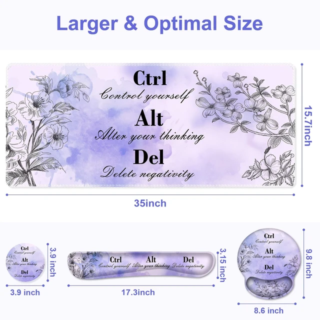 Alt view image 3 of 7 - Mouse Pad, 4 in1 Large Desk Mat, Desk Pad Matt for Desktop, Anti-Slip XXL Big Computer Ergonomic Mousepad with Wrist Support for Keyboard and Mouse for Women I Purple Positive Quotes