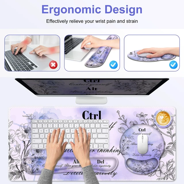 Alt view image 4 of 7 - Mouse Pad, 4 in1 Large Desk Mat, Desk Pad Matt for Desktop, Anti-Slip XXL Big Computer Ergonomic Mousepad with Wrist Support for Keyboard and Mouse for Women I Purple Positive Quotes