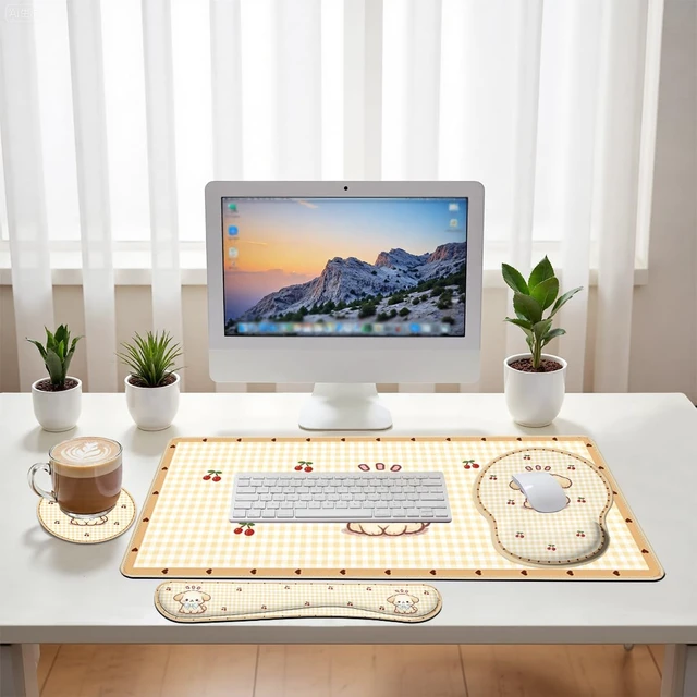 Alt view image 6 of 7 - Cute Puppy Desk Mat Set Cartoon Cherry Gingham Mouse Pad with Wrist Rest 4in1 Desk Mat for Desktop Ergonomic Computer Desk Arm Wrist Anti-Slip Computer Ergonomic Mouse Pad Home Office Gaming