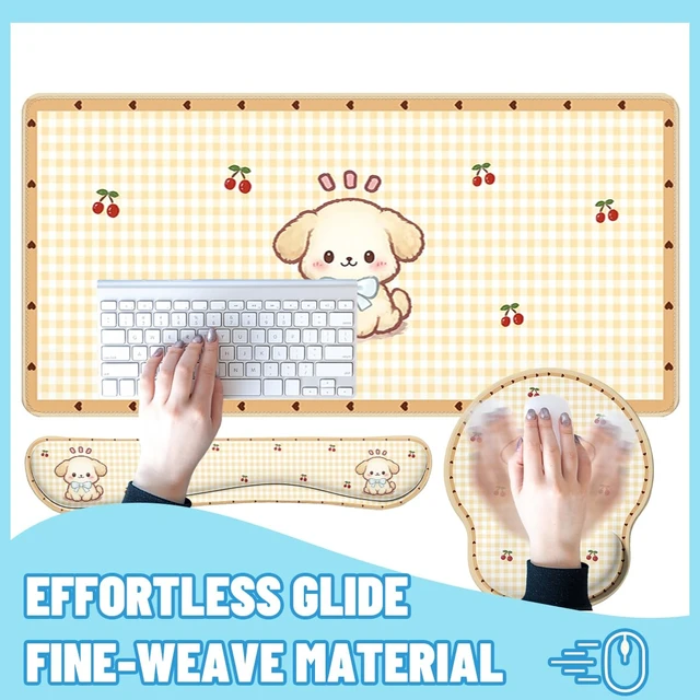 Alt view image 4 of 7 - Cute Puppy Desk Mat Set Cartoon Cherry Gingham Mouse Pad with Wrist Rest 4in1 Desk Mat for Desktop Ergonomic Computer Desk Arm Wrist Anti-Slip Computer Ergonomic Mouse Pad Home Office Gaming