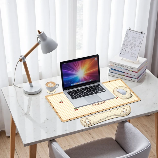 Alt view image 7 of 7 - Cute Puppy Desk Mat Set Cartoon Cherry Gingham Mouse Pad with Wrist Rest 4in1 Desk Mat for Desktop Ergonomic Computer Desk Arm Wrist Anti-Slip Computer Ergonomic Mouse Pad Home Office Gaming