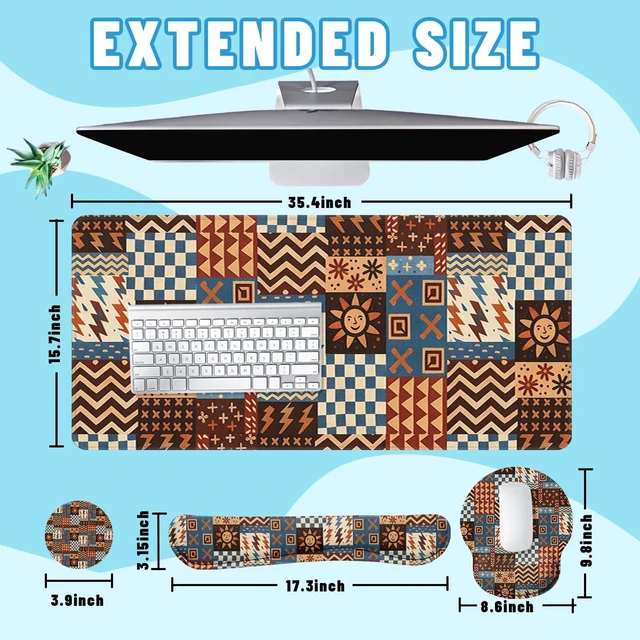 Alt view image 2 of 7 - Retro Patchwork Desk Mat Set Boho Tribal Large Mouse Pad with Wrist Rest 4in1 Desk Mat for Desktop Ergonomic Computer Desk Arm Wrist Anti-Slip Computer Ergonomic Mouse Pad Home Office Gaming