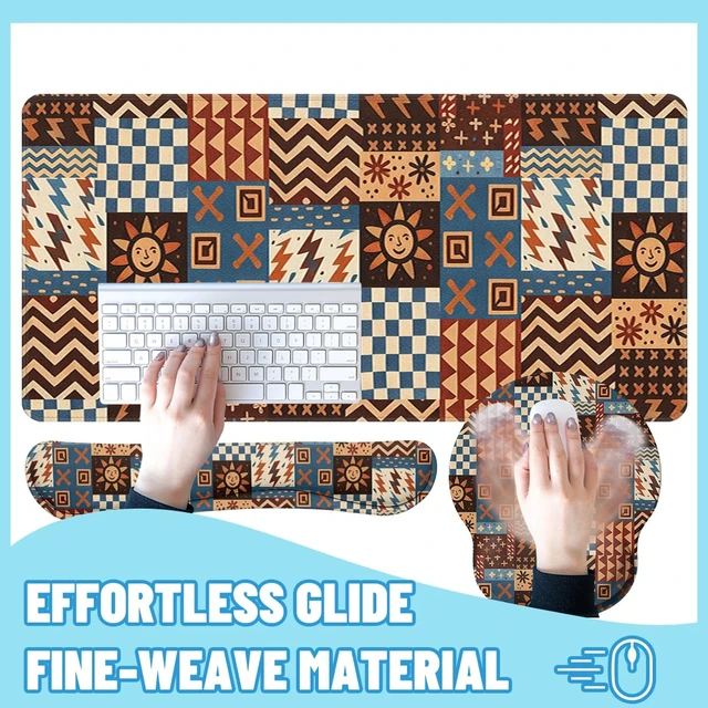 Alt view image 4 of 7 - Retro Patchwork Desk Mat Set Boho Tribal Large Mouse Pad with Wrist Rest 4in1 Desk Mat for Desktop Ergonomic Computer Desk Arm Wrist Anti-Slip Computer Ergonomic Mouse Pad Home Office Gaming