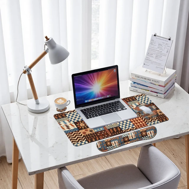 Alt view image 7 of 7 - Retro Patchwork Desk Mat Set Boho Tribal Large Mouse Pad with Wrist Rest 4in1 Desk Mat for Desktop Ergonomic Computer Desk Arm Wrist Anti-Slip Computer Ergonomic Mouse Pad Home Office Gaming