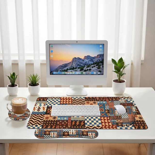 Alt view image 6 of 7 - Retro Patchwork Desk Mat Set Boho Tribal Large Mouse Pad with Wrist Rest 4in1 Desk Mat for Desktop Ergonomic Computer Desk Arm Wrist Anti-Slip Computer Ergonomic Mouse Pad Home Office Gaming
