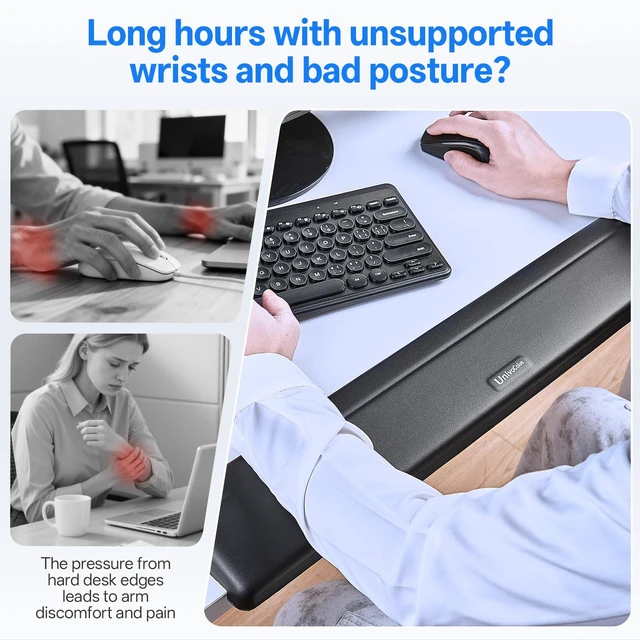 Alt view image 2 of 7 - UnivoColors Long Arm Rest for Desk Edges,PU Leather,Non-Slip,Memory Foam,Desk Edge Support,Ergonomic Design for Long-Hour Work(23.6 * 3.9 inch One-Piece Design of Black)
