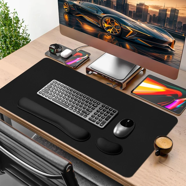 Alt view image 2 of 7 - FreeNook Mouse Pad with Wrist Rest Support, Keyboard Wrist Rest and Mouse Pad Set, Desk Mat for Keyboard and Mouses, Non-Slip Computer Mat Set for Office, Home (31.5×15.7 Inches, Black)